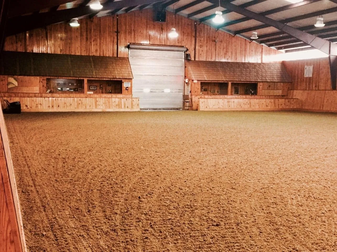 The warm, wood-paneled indoor arena at Avastar Dressage